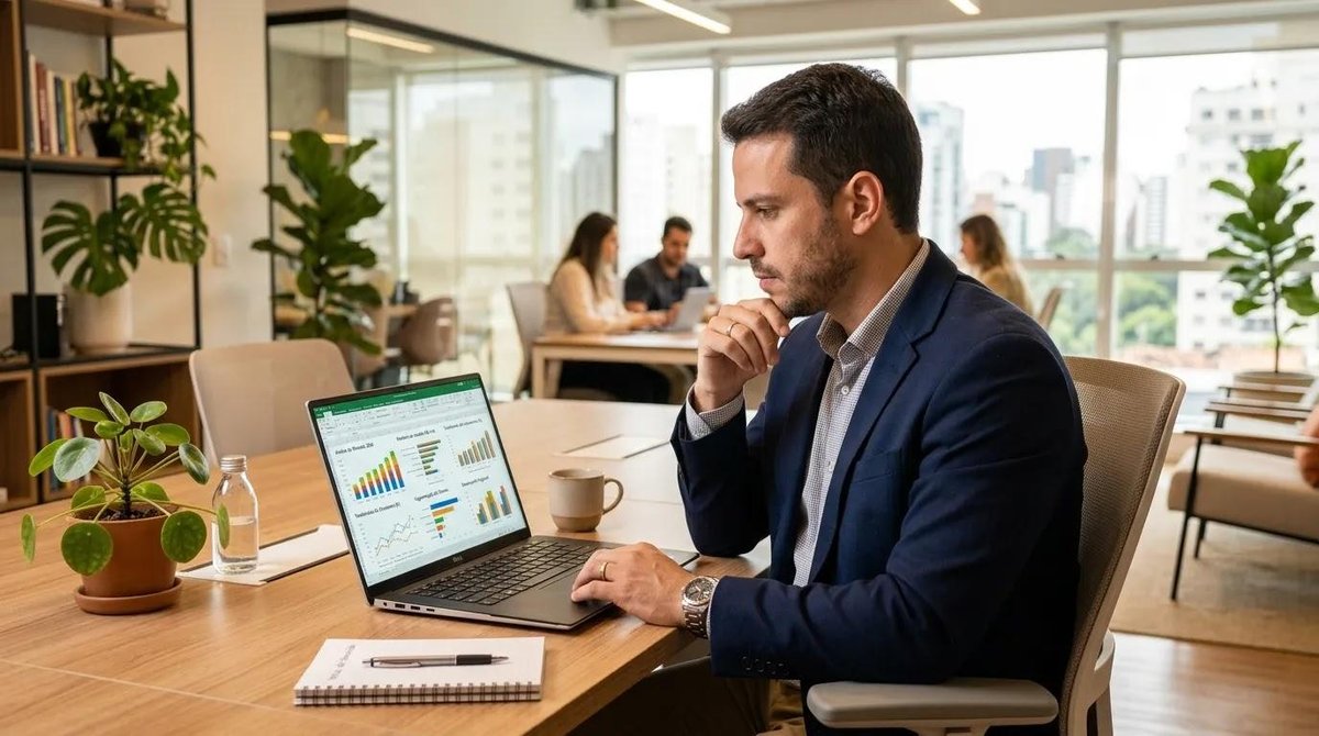 Profissional analisando dados de mercado no computador