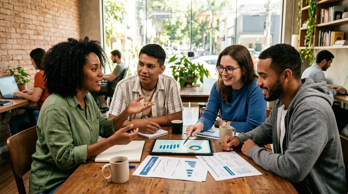 Equipe de empreendedores discutindo métricas de mercado em reunião
