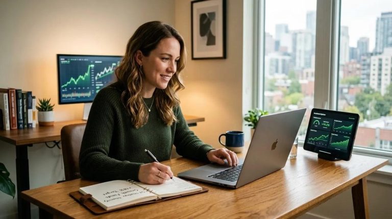 Pessoa analisando tipos de investimentos em um notebook em escritório em casa