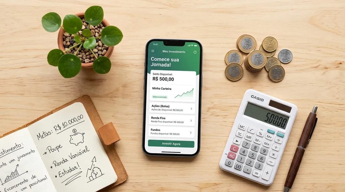 caderno, celular, moedas e calculadora sobre a mesa