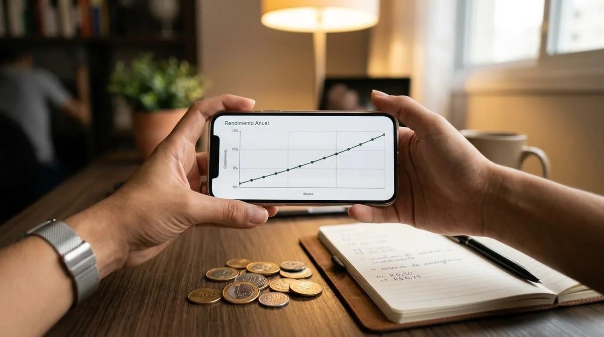 pessoa mostra celular com gráficos de renda fixa