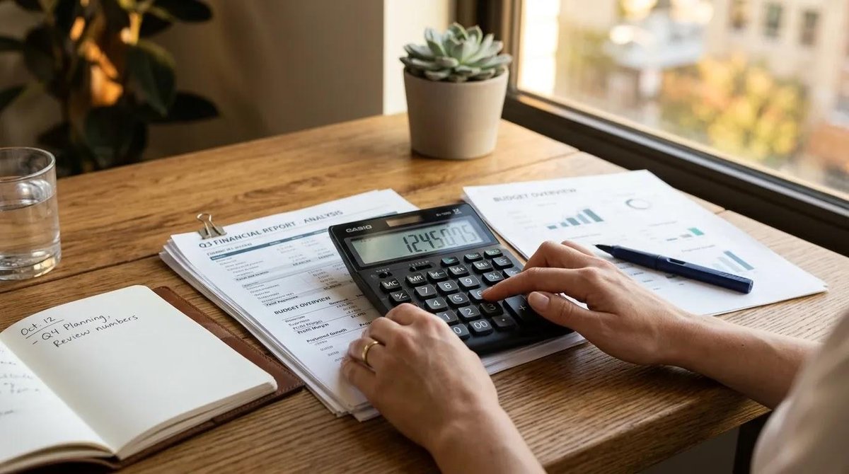 pessoa calcula valor do saque-aniversário com documentos e calculadora