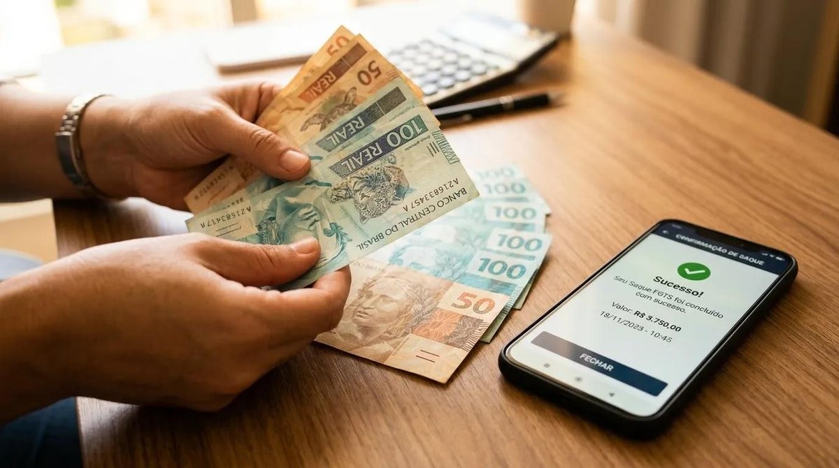 pessoa com dinheiro em mãos e celular mostrando saque-aniversário