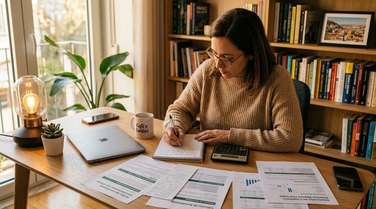 mulher faz planejamento financeiro para venda de imóvel em escritório