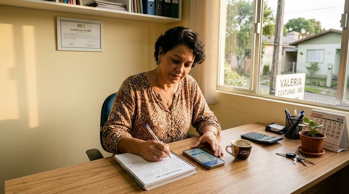 Pessoa acompanhando as obrigações fiscais do MEI, organizando pagamentos, declarações e documentos necessários para manter a regularidade e a conformidade do negócio.