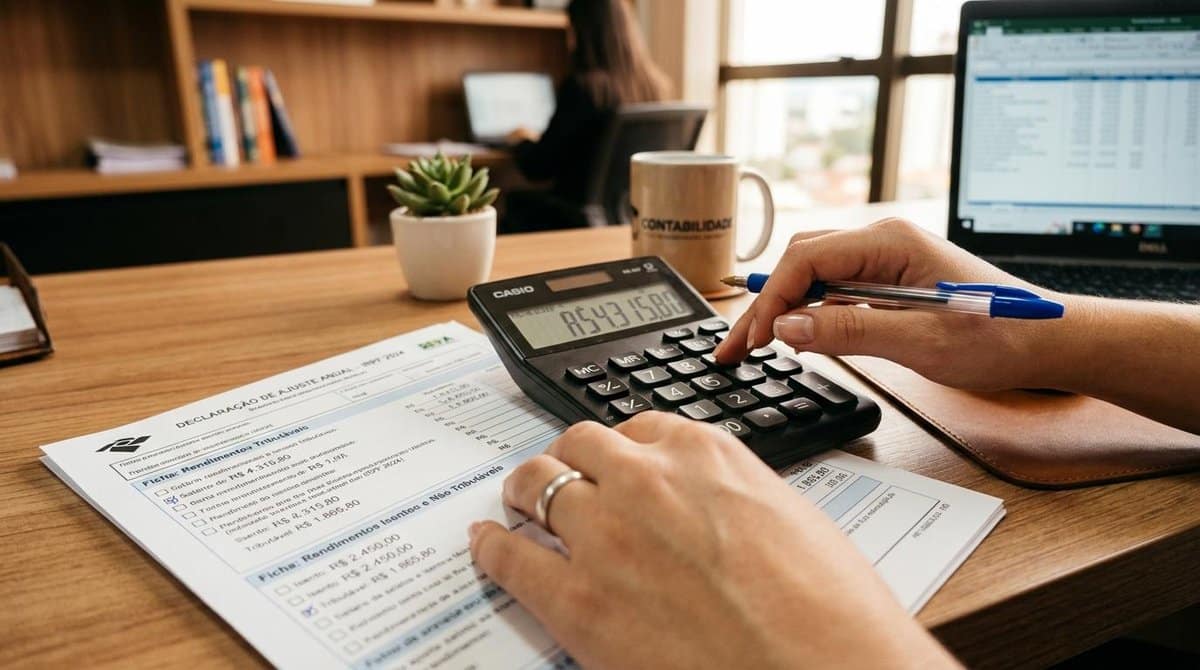 Pessoa calculando rendimentos isentos para MEI, organizando receitas, despesas e informações financeiras para entender a tributação e a declaração de rendimentos do negócio.