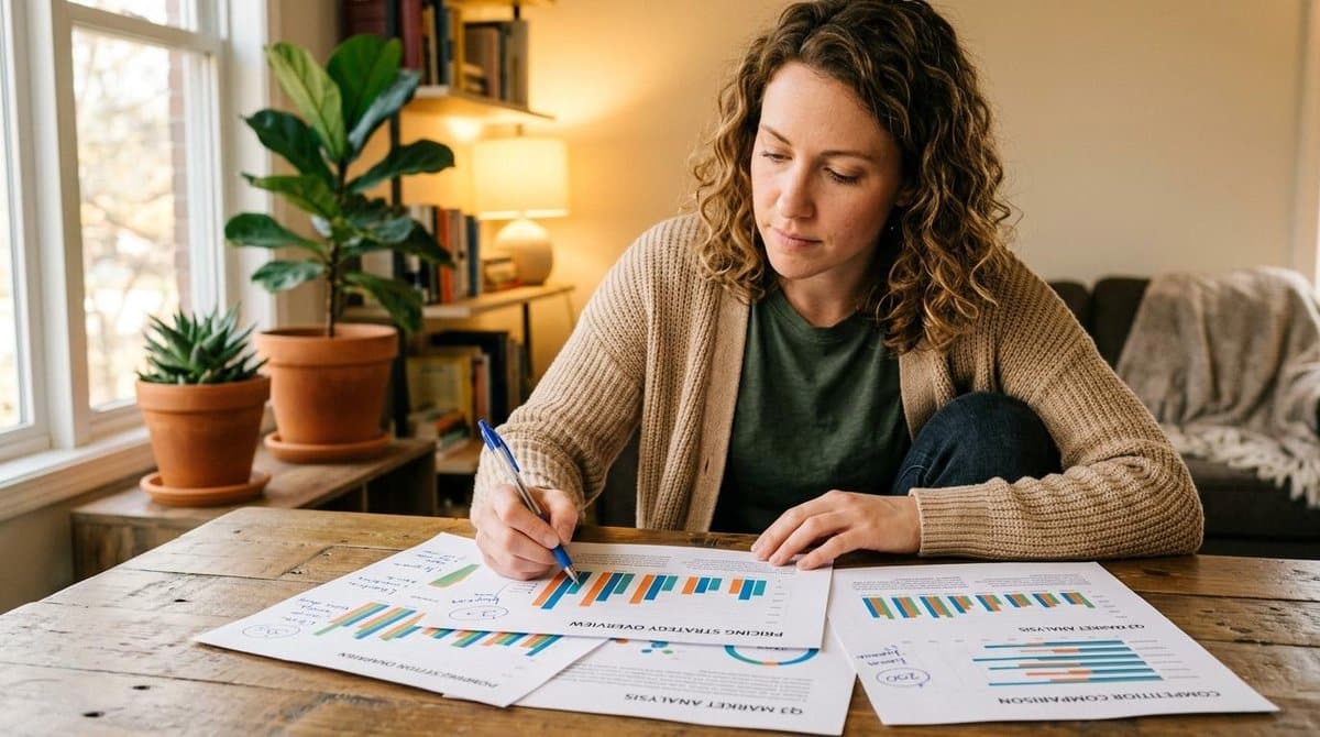Pessoa desenvolvendo uma estratégia de precificação, analisando custos, concorrência, margem de lucro e valor percebido para definir preços competitivos e sustentáveis para o negócio.