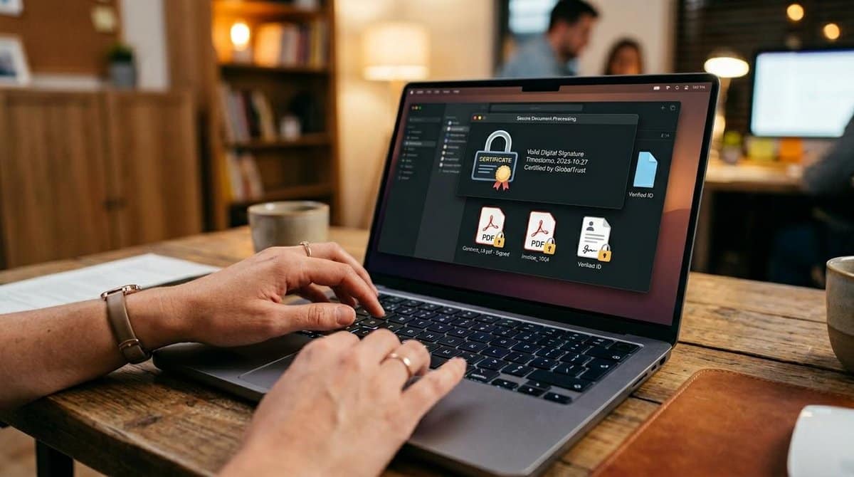 Pessoa utilizando um certificado digital empresarial para autenticar documentos, assinar arquivos eletronicamente e realizar operações fiscais de forma segura.