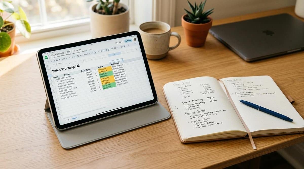 tablet com planilha excel e caderno sobre a mesa