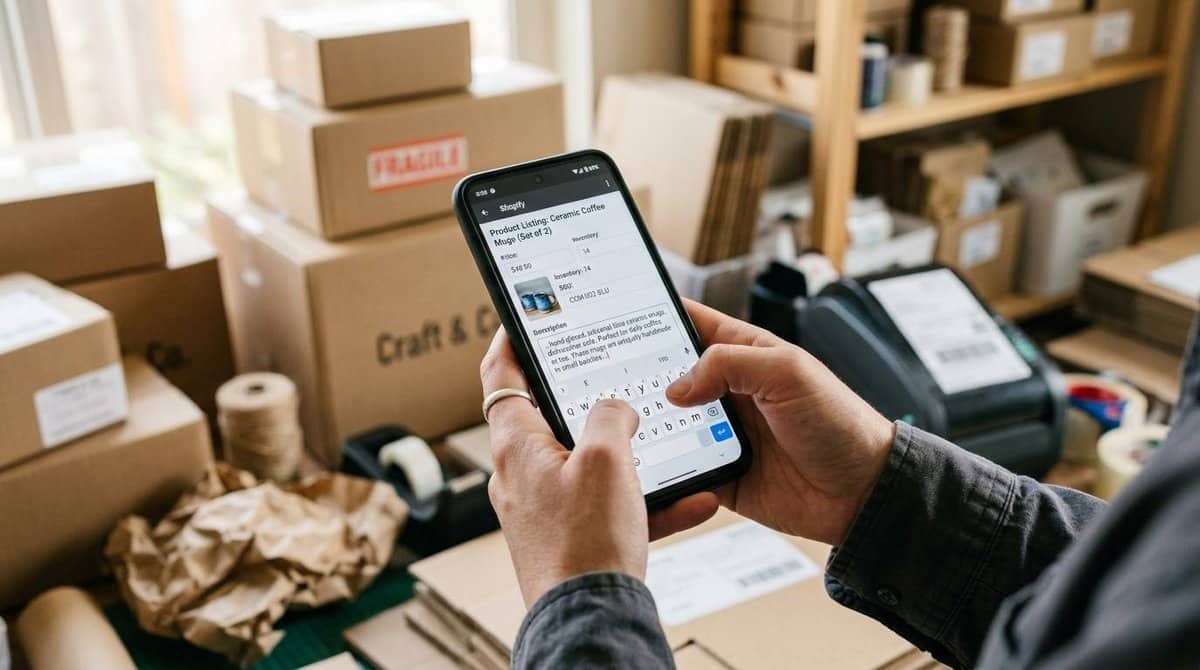Pessoa cadastrando produtos para venda online, adicionando informações, preços, imagens e descrições para disponibilizar itens em uma loja virtual ou plataforma de vendas.