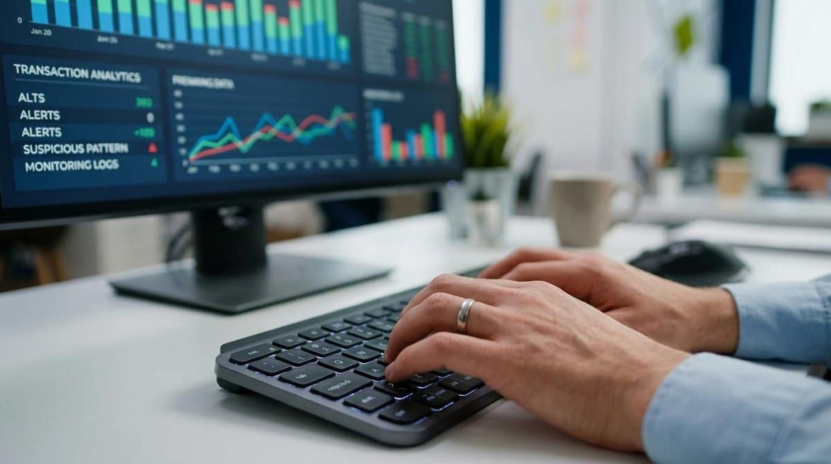 Pessoa monitorando transações suspeitas em uma plataforma digital.