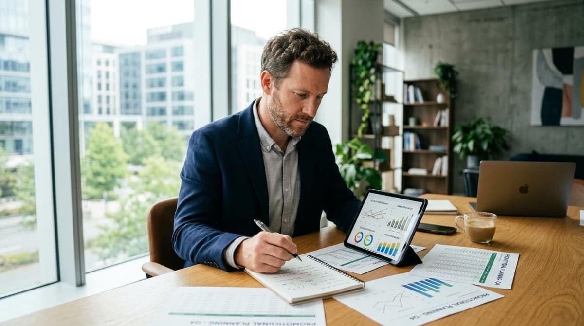 Pessoa avaliando a promoção ideal para um negócio, comparando estratégias de desconto, ofertas e campanhas para atrair clientes, aumentar as vendas e preservar a rentabilidade.