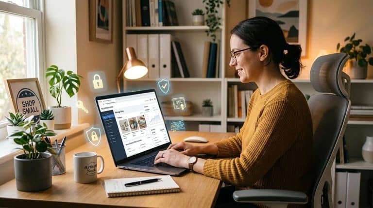 Pessoa adequando uma loja virtual às exigências da LGPD, implementando medidas de proteção de dados, privacidade e segurança.