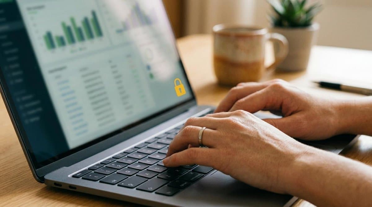 Pessoa protegendo informações de clientes em uma plataforma digital, utilizando práticas de segurança, privacidade e controle de acesso para garantir a confidencialidade e a proteção dos dados.