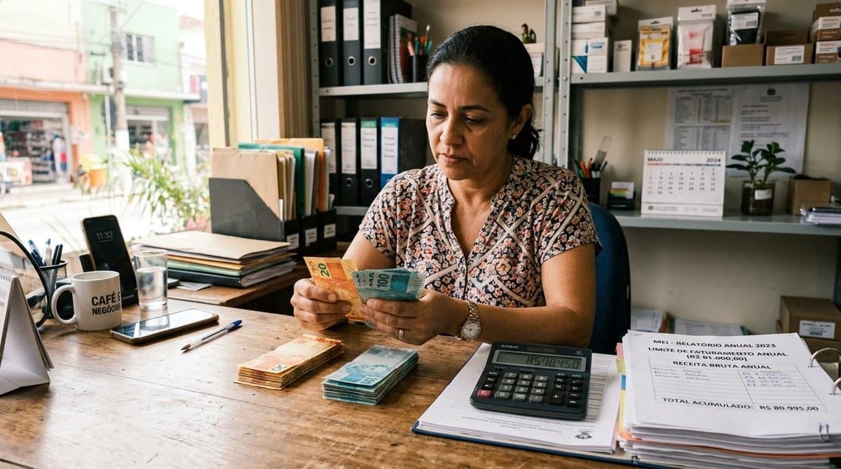 Pessoa consultando o teto de receita do MEI no Brasil, verificando limites de faturamento e regras para manter o enquadramento como microempreendedor individual.