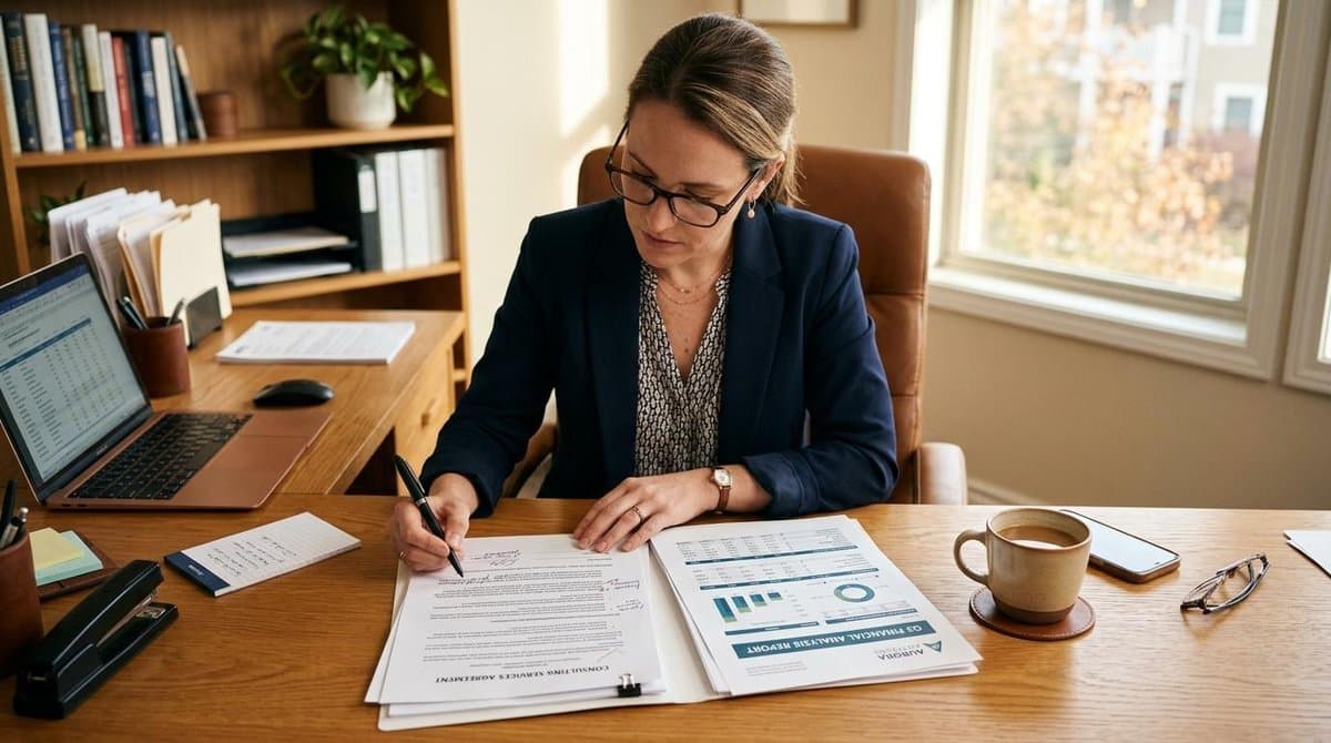 Pessoa analisando documentos financeiros e um contrato sobre uma mesa de trabalho organizada, com uma xícara de café ao lado, em um ambiente com tons