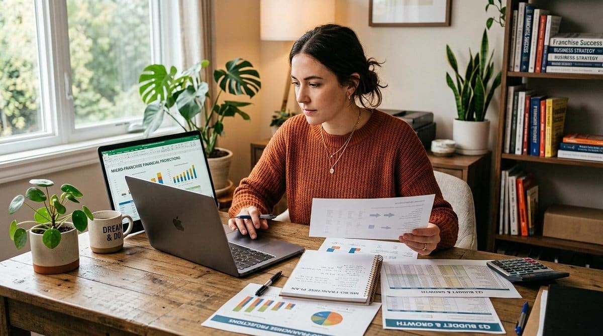 Jovem empreendedora trabalhando em um laptop em um ambiente doméstico organizado, revisando planilhas e documentos financeiros sobre a mesa, represent