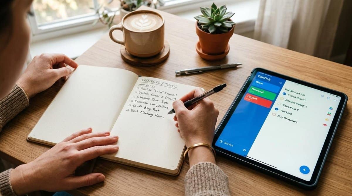 Mãos de uma pessoa anotando tarefas em um caderno aberto ao lado de um tablet com lista de atividades coloridas, com café ao fundo, tons quentes e com