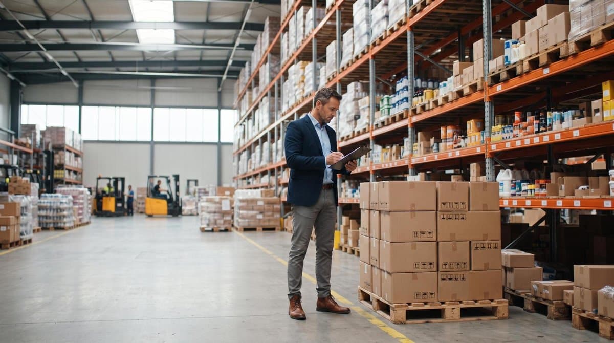 Interior de armazém atacadista com prateleiras organizadas de mercadorias e caixas empilhadas em paletes, empresário adulto verificando estoque com pr