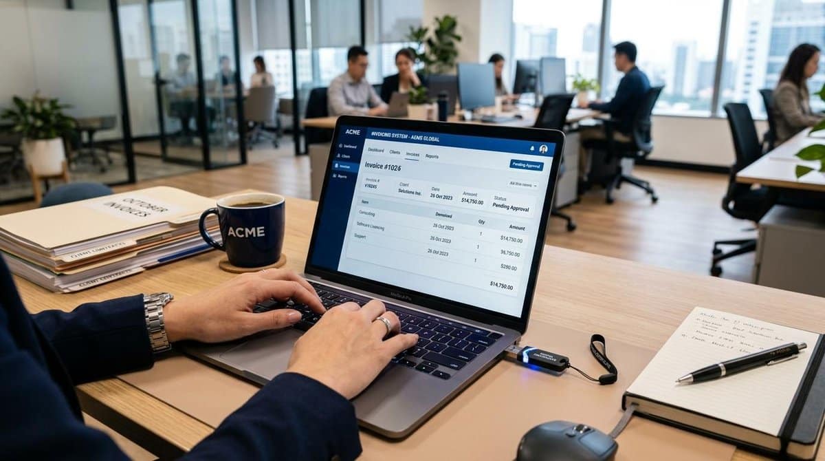 Mãos de profissional digitando em notebook com sistema de emissão fiscal na tela, certificado digital USB conectado ao lado do computador, mesa de esc