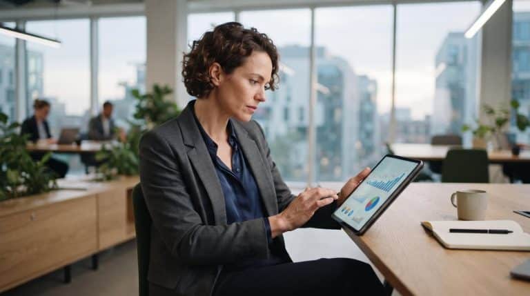 Pessoa empreendedora analisando gráficos de crescimento empresarial em um notebook sobre uma mesa de escritório