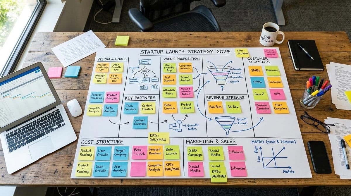 Mesa de escritório vista de cima com um quadro de planejamento estratégico preenchido com post-its coloridos e diagramas, ilustrando a estruturação vi