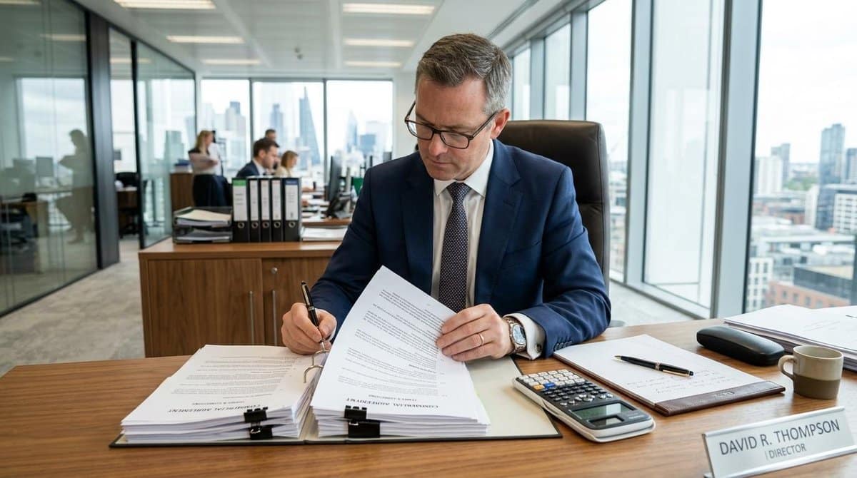 Empresário analisando documentos contratuais em uma mesa de escritório organizada, com calculadora e caneta ao lado, em um ambiente profissional com i