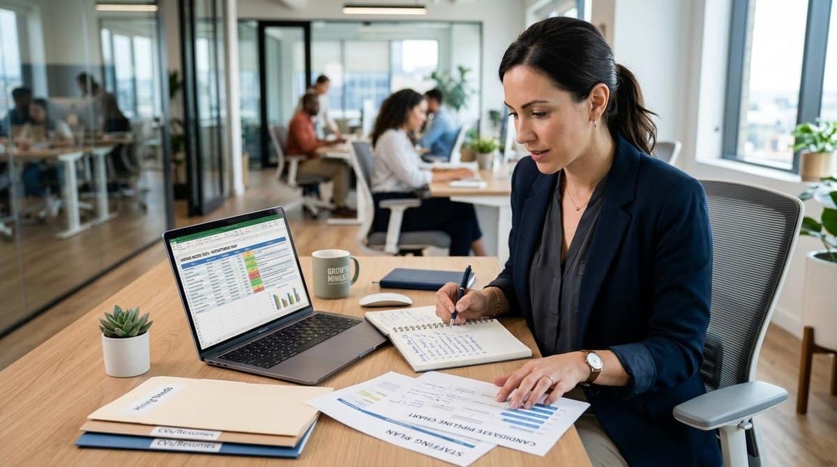 Gestor organizando documentos e planilhas para mapear necessidades de contratação, com anotações e checklist em uma mesa de trabalho limpa e moderna