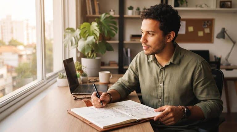 Pessoa dona de pequena empresa analisando sua agenda de trabalho em um caderno sobre a mesa