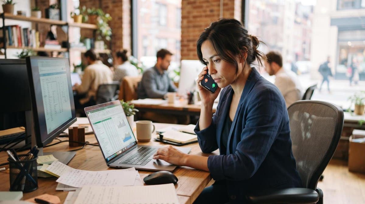 Dono de pequena empresa em um ambiente de escritório moderno, lidando com múltiplas tarefas simultaneamente, como laptop e telefone celular, com expre