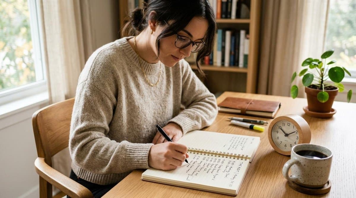 Pessoa anotando atividades em um caderno de planejamento ao lado de um relógio de mesa e xícara de café, representando uma auditoria de tempo detalhad