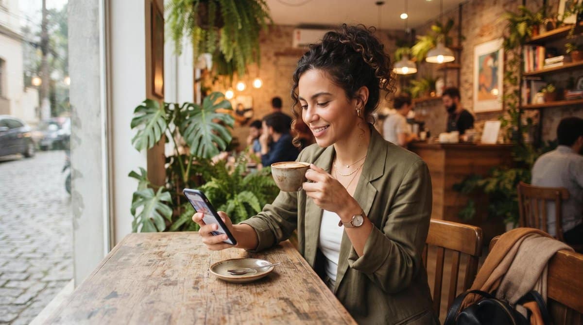 Pessoa empreendedora sentada em um café aconchegante pela manhã, segurando uma xícara de café enquanto consulta notícias de negócios no celular, ambie