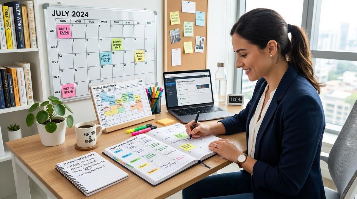 Empreendedor organizando agenda de estudos em uma mesa de escritório limpa, com divisões visuais representando compromissos diários, semanais e mensai