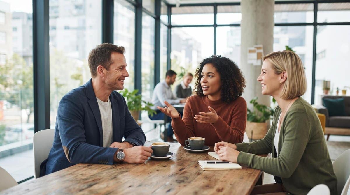 Um gestor de PME conversa informalmente com dois colaboradores em um ambiente de trabalho descontraído, demonstrando proximidade e escuta ativa, com x