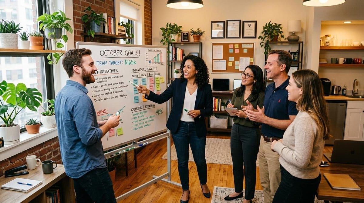 Uma pequena equipe de vendas se reúne em volta de um quadro branco para definir metas mensais, com expressões engajadas e colaborativas, em um escritó