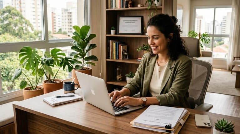 Pessoa sentada à mesa digitando os termos e condições da sua loja online em um notebook
