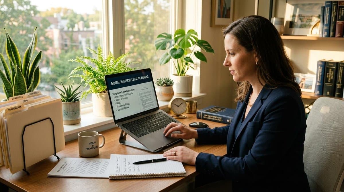 Mesinha de trabalho organizada com notebook aberto, caneta e bloco de anotações, plantas decorativas ao fundo e luz quente filtrando pela janela, tran