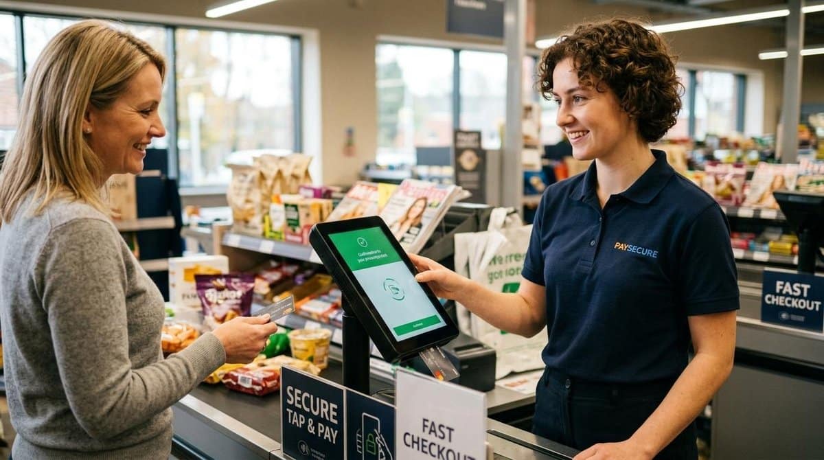 Uma funcionária operando com confiança um terminal de pagamento inteligente no caixa enquanto atende um cliente, transmitindo agilidade e segurança na