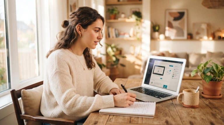 Pessoa sentada à mesa com notebook aberto estudando um curso online de empreendedorismo