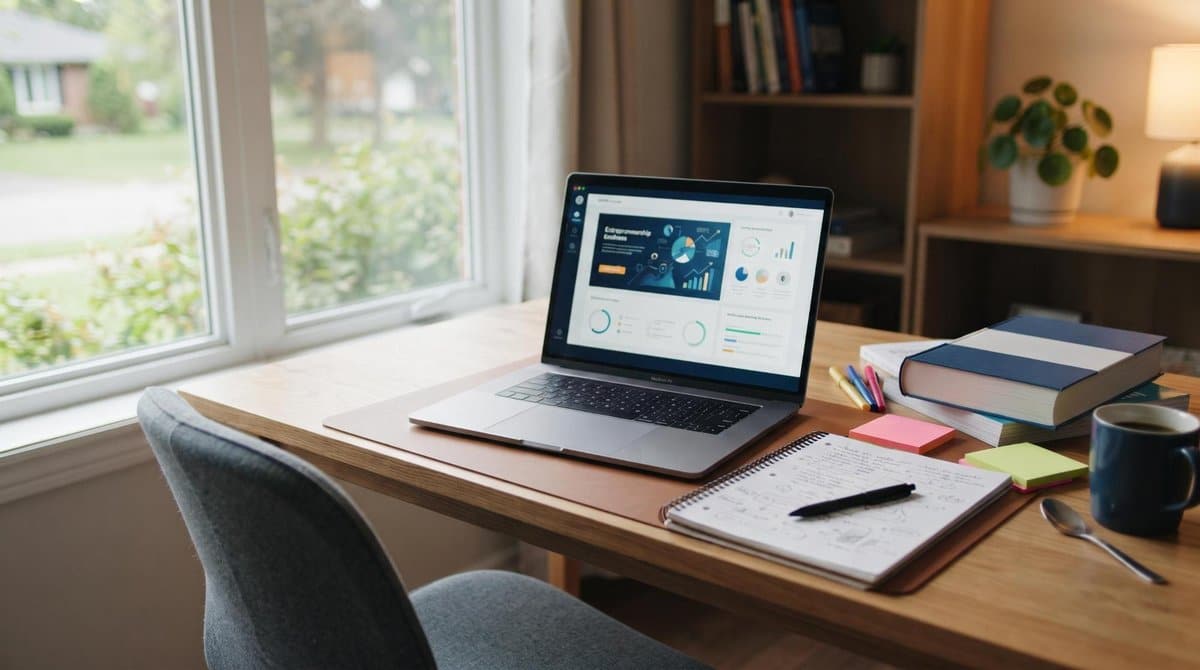 Ambiente de estudo organizado com notebook aberto mostrando uma tela de curso online de empreendedorismo, caderno de anotações e material didático sob