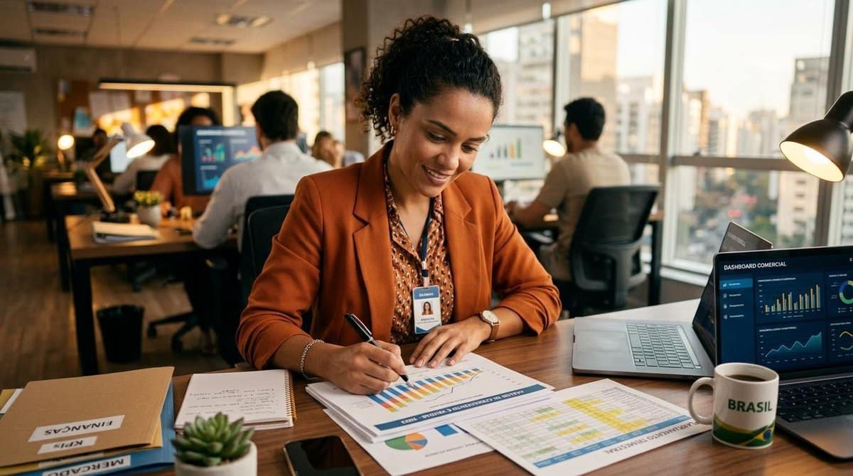 Profissional brasileiro em ambiente de trabalho analisando documentos e gráficos de negócios em uma mesa organizada, representando a aplicação prática