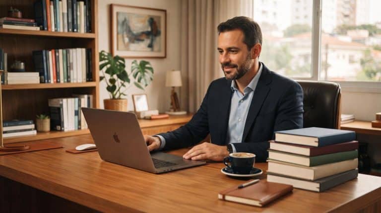 Pessoa sentada em uma mesa de escritório lendo um livro de gestão empresarial com anotações ao lado