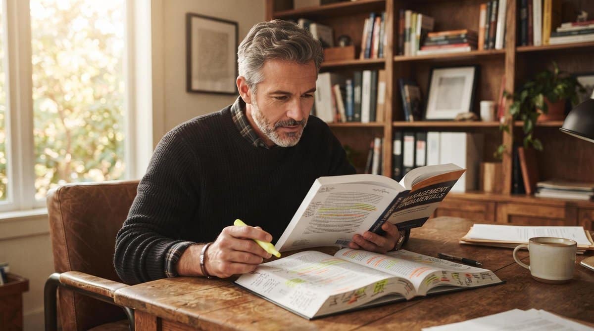 Dono de pequena empresa em seu escritório, concentrado lendo um livro de gestão com marca-texto e anotações manuscritas ao lado, prateleira com livros