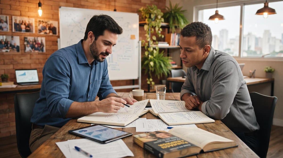 Reunião estratégica em uma pequena empresa brasileira, dois sócios analisando gráficos e anotações em uma mesa de reunião com livros de negócios abert