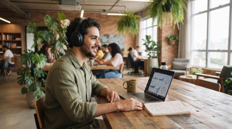 Pessoa com fones de ouvido ouvindo podcast sobre empreendedorismo em um café com notebook aberto à sua frente