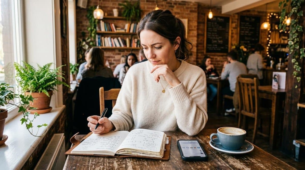 Pessoa sentada em mesa de café aconchegante com caderno aberto e caneta na mão, smartphone próximo ao caderno, expressão pensativa enquanto analisa op