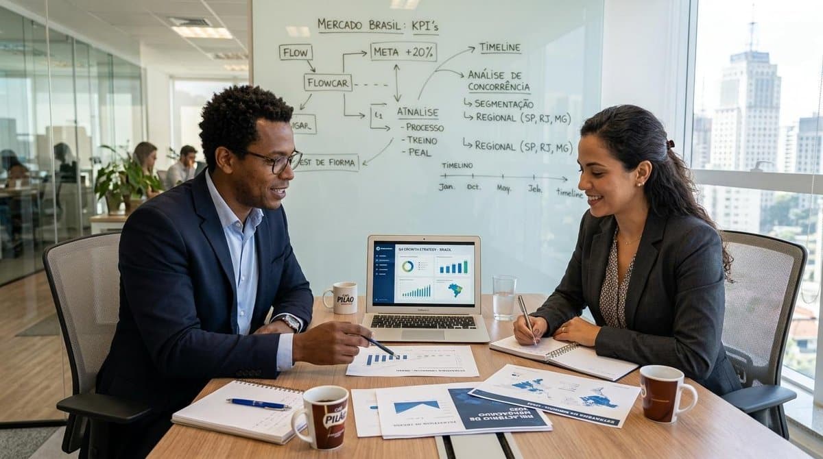 Dois profissionais brasileiros em conversa estratégica ao redor de mesa com notebook e documentos, ambiente de escritório moderno com quadro branco ao