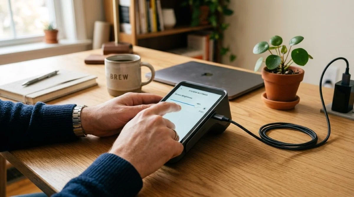 Mãos de uma pessoa ajustando as configurações de brilho em uma maquininha de pagamentos touchscreen sobre uma mesa de trabalho, com um carregador 