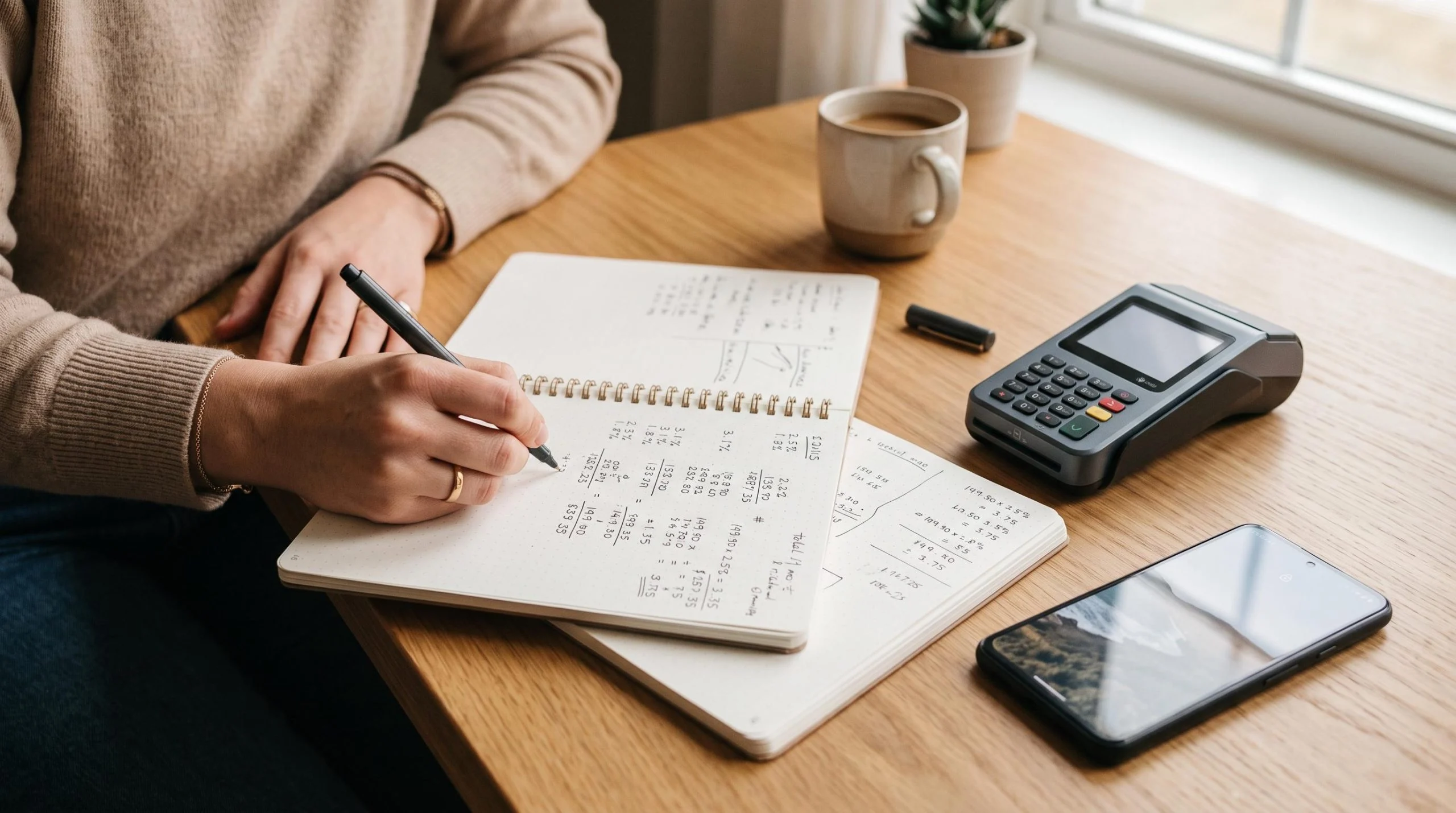 Mão feminina anotando cálculos de taxas em um caderno ao lado de uma maquininha de cartão e smartphone, representando análise de custos mensais