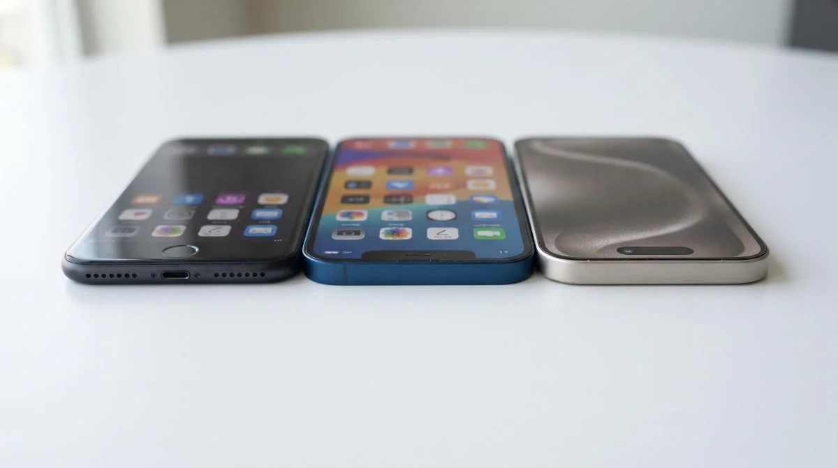 Três modelos diferentes de iPhone dispostos lado a lado sobre uma mesa branca, exibindo a evolução dos aparelhos com foco na parte superior onde 